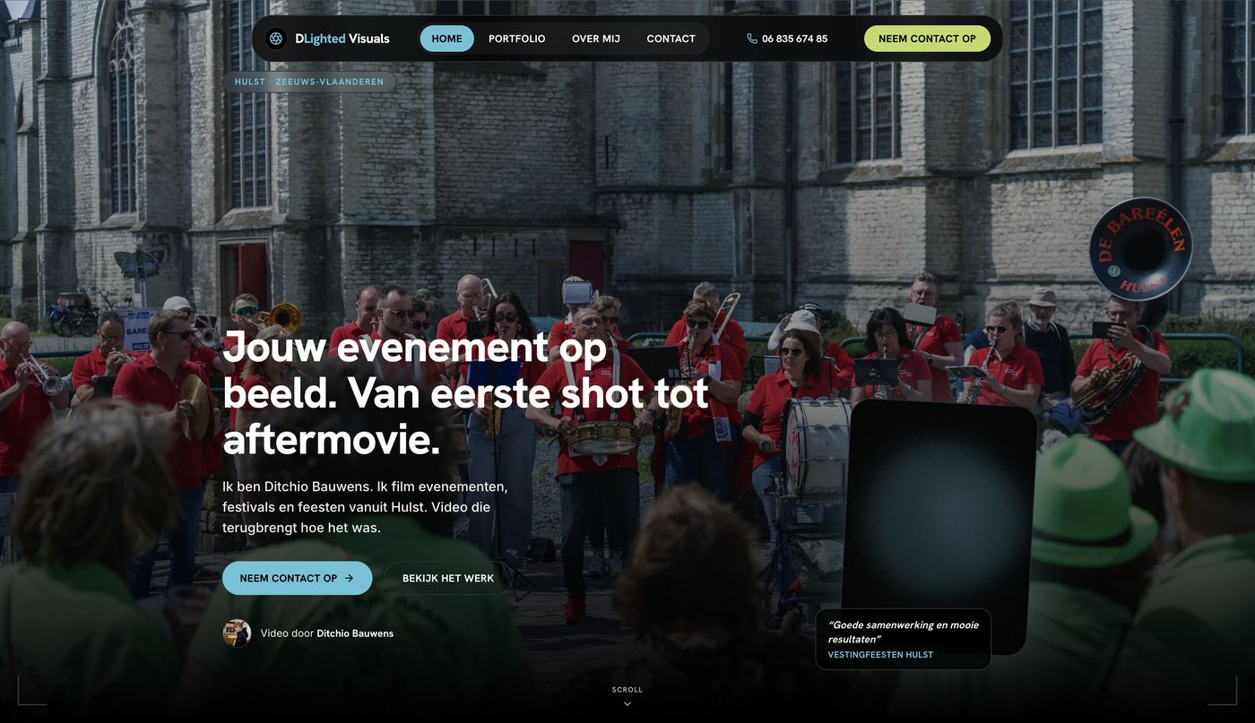 Website voor DLighted Visuals, evenementenvideograaf Ditchio Bauwens uit Hulst, Zeeland, gebouwd door NodePhase