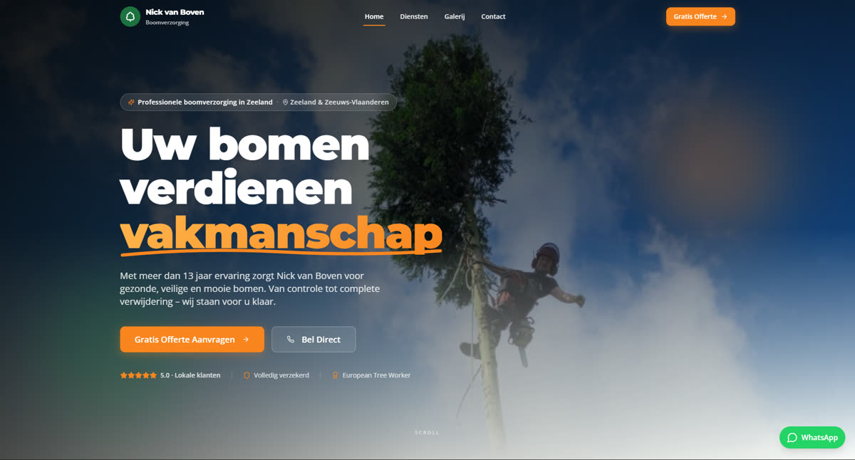 Website voor Nick van Boven Boomverzorging, een boomverzorgingsbedrijf in Kloosterzande, Zeeland, gebouwd door NodePhase